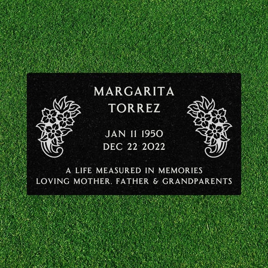 Black Granite - Flat Headstone Marker with two symbols - (28in x 16in x 3in) - Markers & Headstones