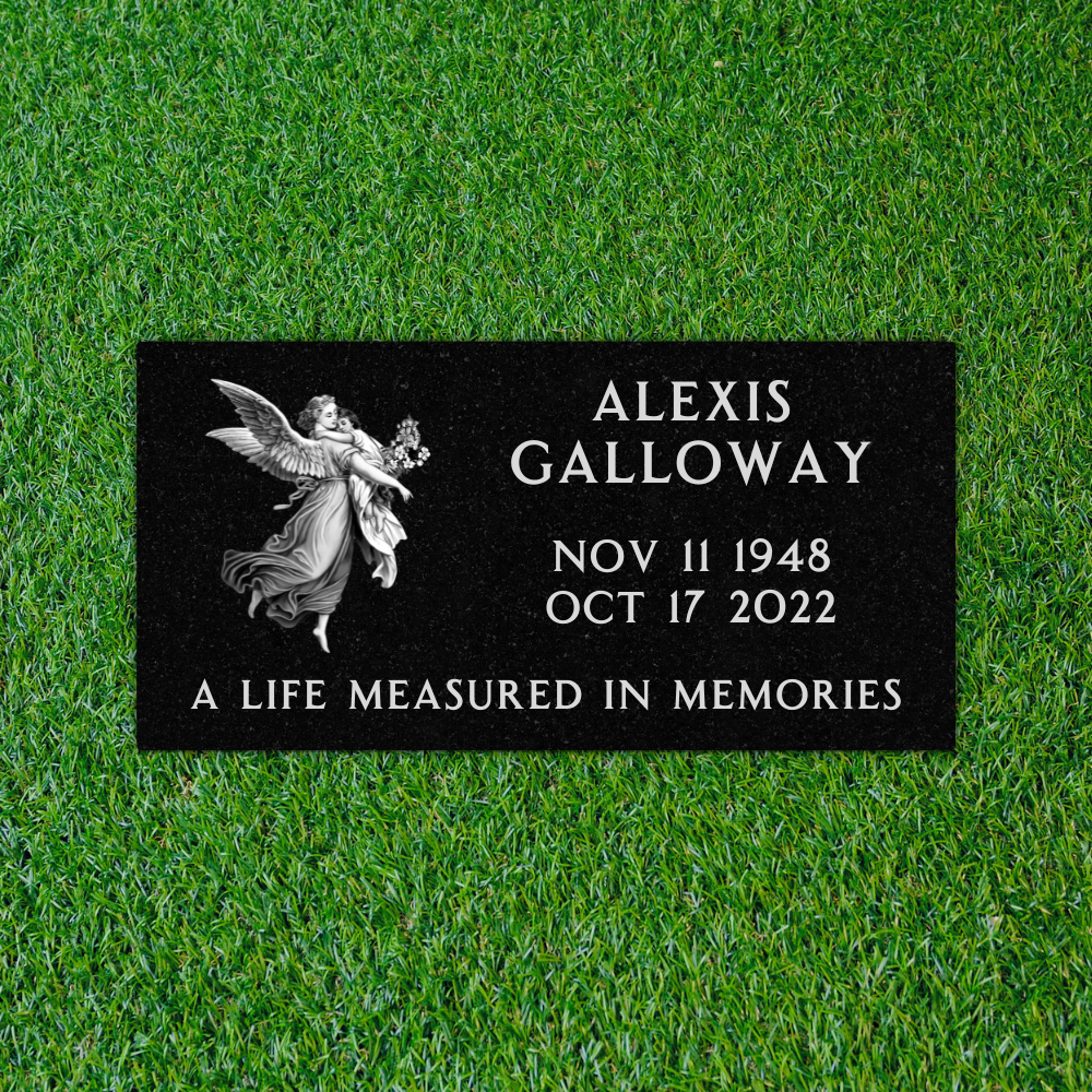 Flat Headstone Marker with Symbol - (16 x 8 x 3 in) - Black Granite - Laser Series