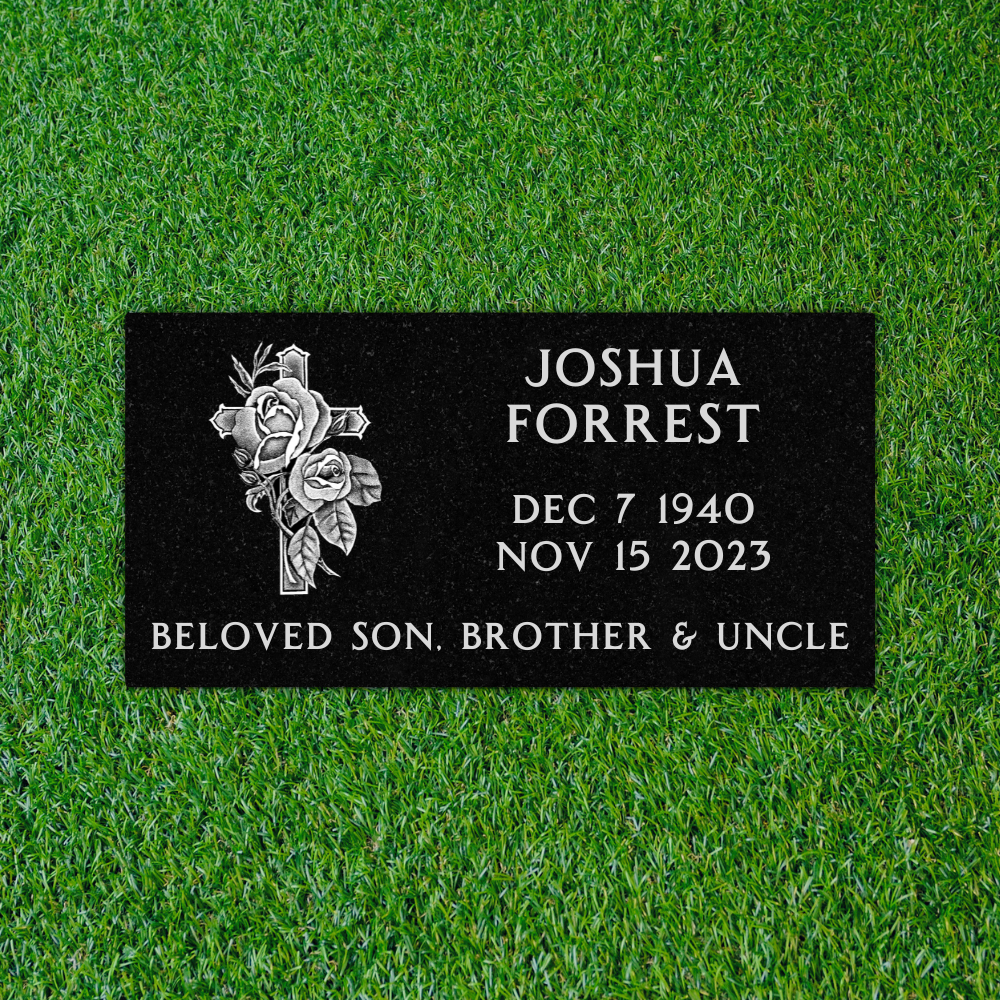 Flat Headstone Marker with Symbol - (16 x 8 x 3 in) - Black Granite - Laser Series