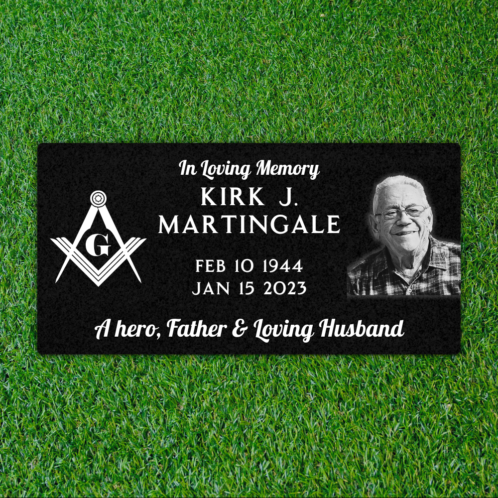 Black Granite - Flat Headstone Marker - Symbol & Photo - (24 x 12 x 4 in) - Laser Series