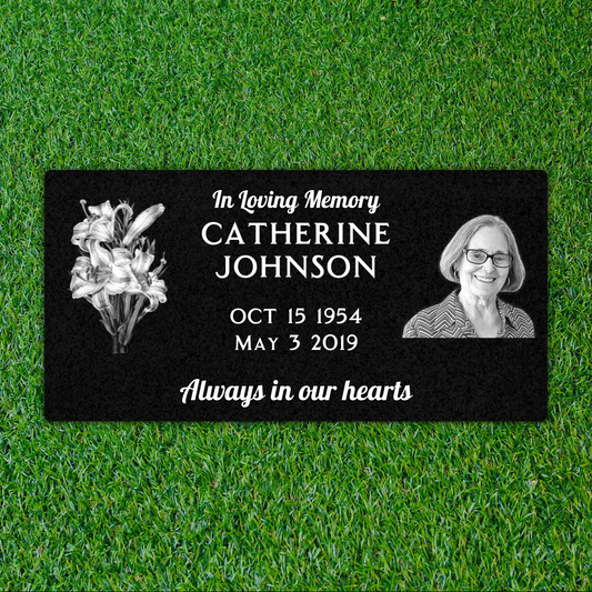 Black Granite - Flat Headstone Marker - Symbol & Photo - (24 x 12 x 4 in) - Laser Series