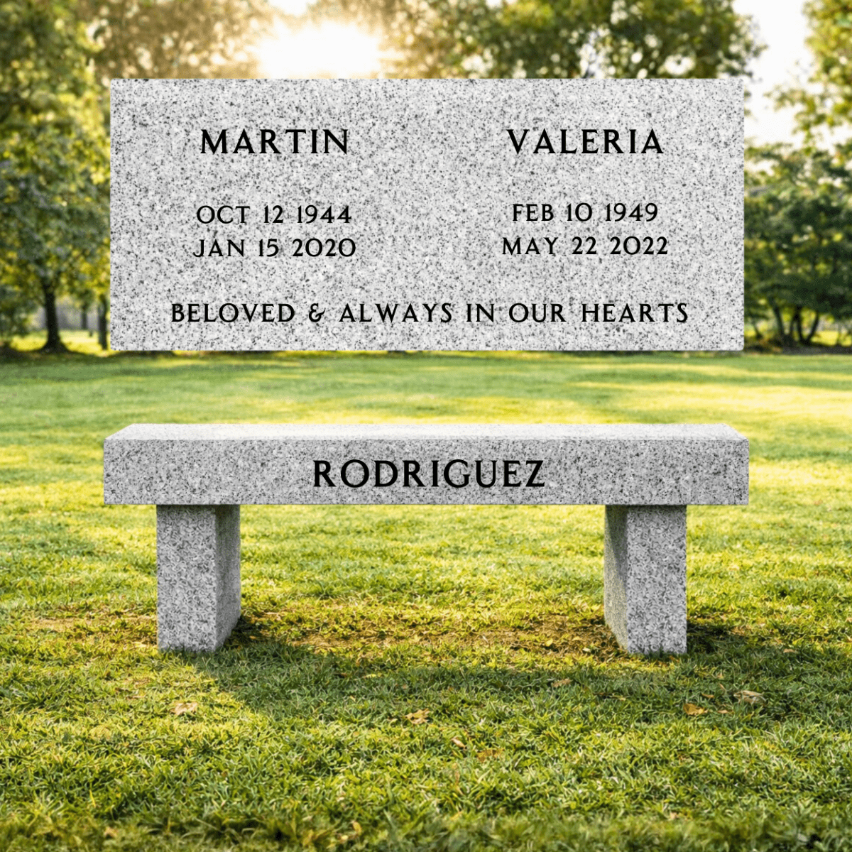Companion Memorial Bench for Cemetery - (Double) - Gray Granite - 36in x 14in x 18in