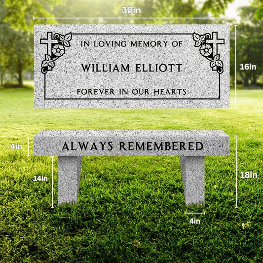 Memorial Bench for Cemetery - Border Design - Gray Granite - 36in x 16in x 18in - Markers & Headstones