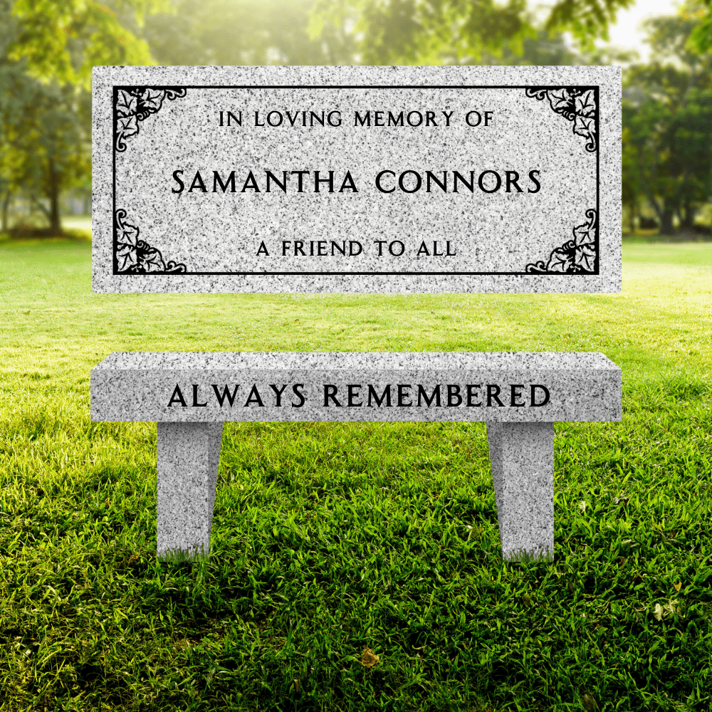 Memorial Bench for Cemetery - Border Design - Gray Granite - 36in x 16in x 18in - Markers & Headstones