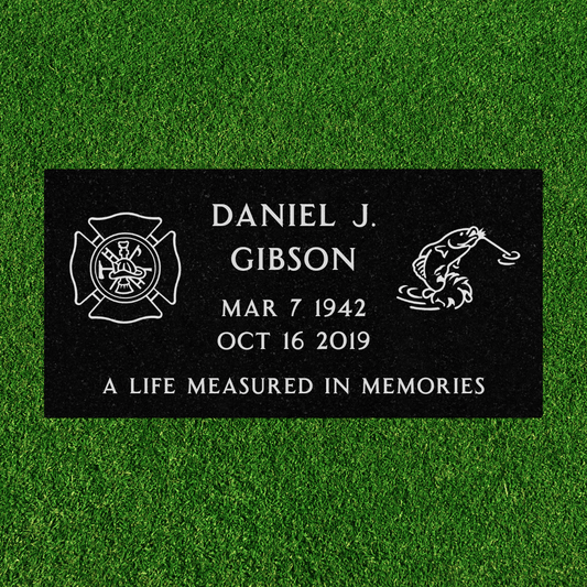 Black Granite - Flat Headstone Marker with Two Symbols - (24in x 12in x 4in) - Markers & Headstones