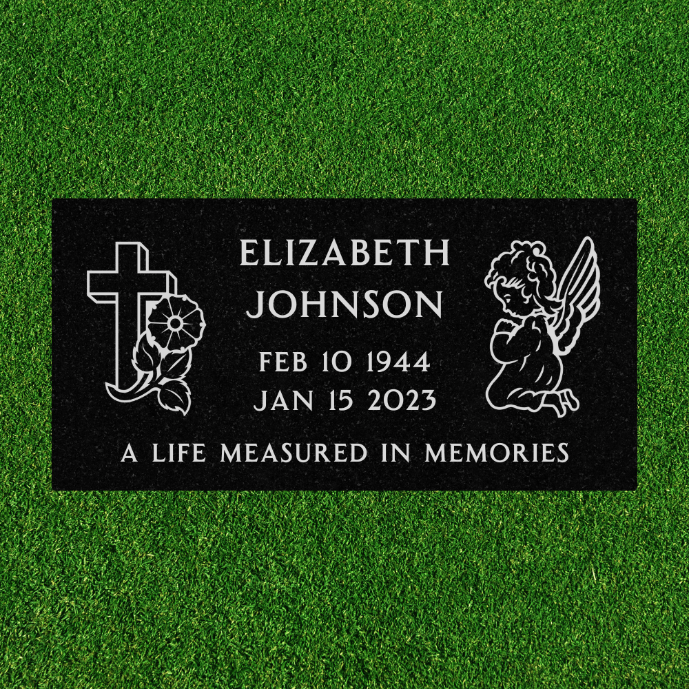 Black Granite - Flat Headstone Marker with Two Symbols - (24in x 12in x 4in) - Markers & Headstones