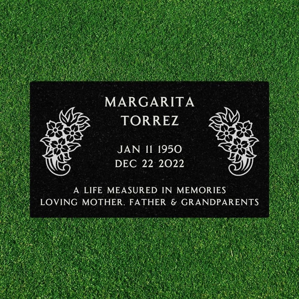 Black Granite - Flat Headstone Marker with two symbols - (28in x 16in x 3in) - Markers & Headstones