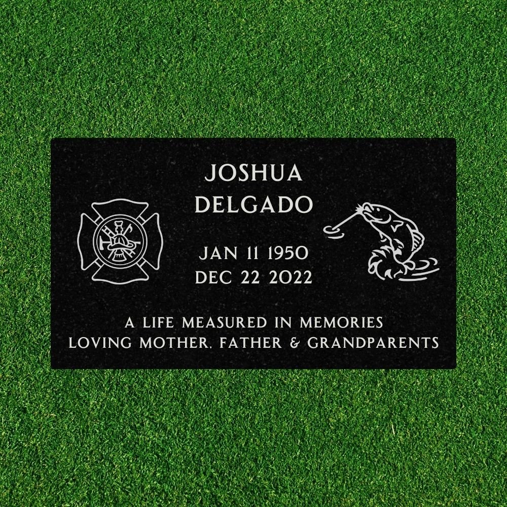 Black Granite - Flat Headstone Marker with two symbols - (28in x 16in x 3in) - Markers & Headstones