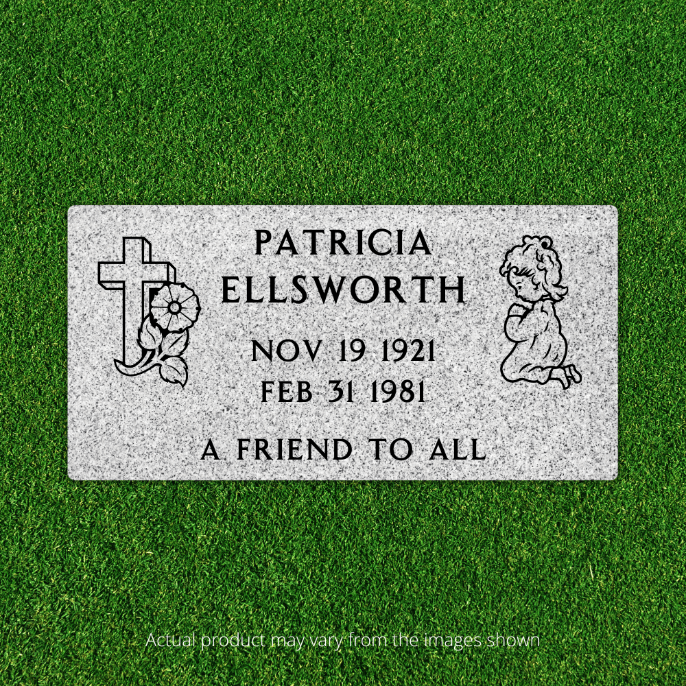 Flat Headstone Marker with Two Symbols & Epitaph - (20in x 10in x 3in) - Markers & Headstones