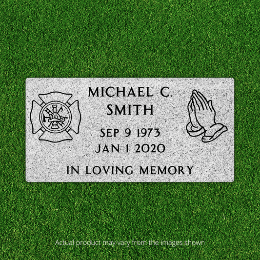 Flat Headstone Marker with Two Symbols & Epitaph - (20in x 10in x 3in) - Markers & Headstones
